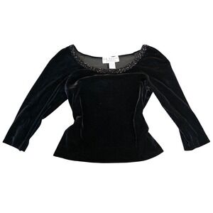 J.R. Nites Petites Vintage Stretch Velvet Beaded Scoop Neck Top Black PS